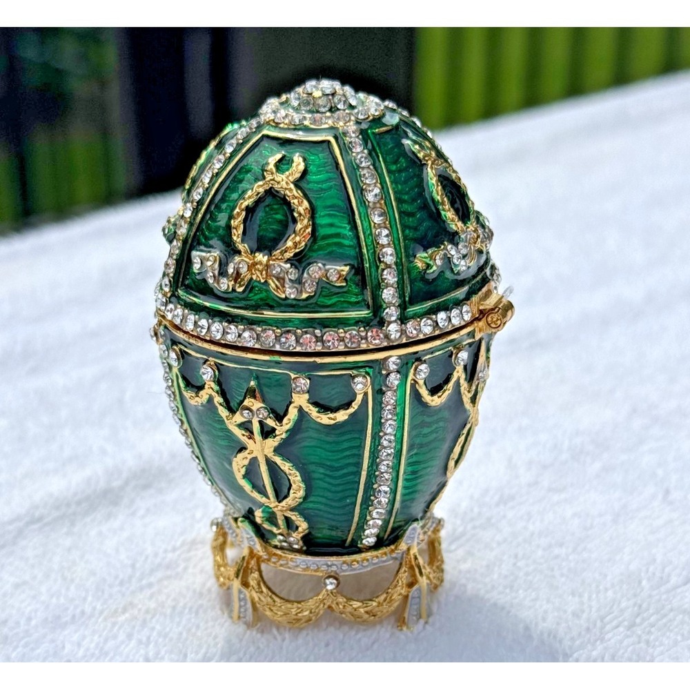 Faberge Decorated Style Emerald Green Egg Trinket Box Rhinestone Enamel Decor